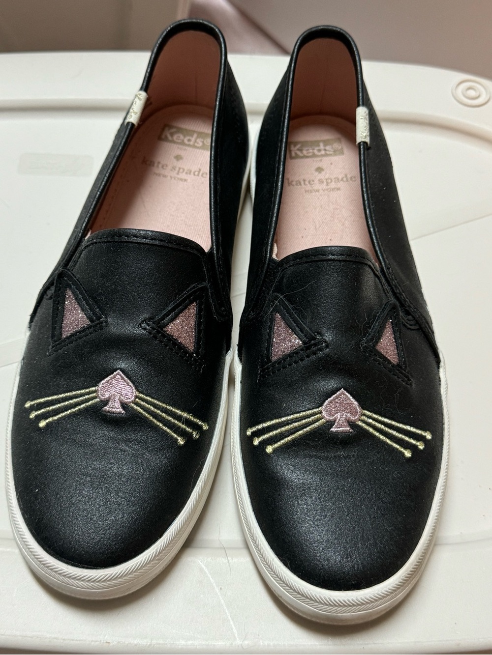 kate spade x keds Black Cat Face Slip-On Sneakers with Pink Accents